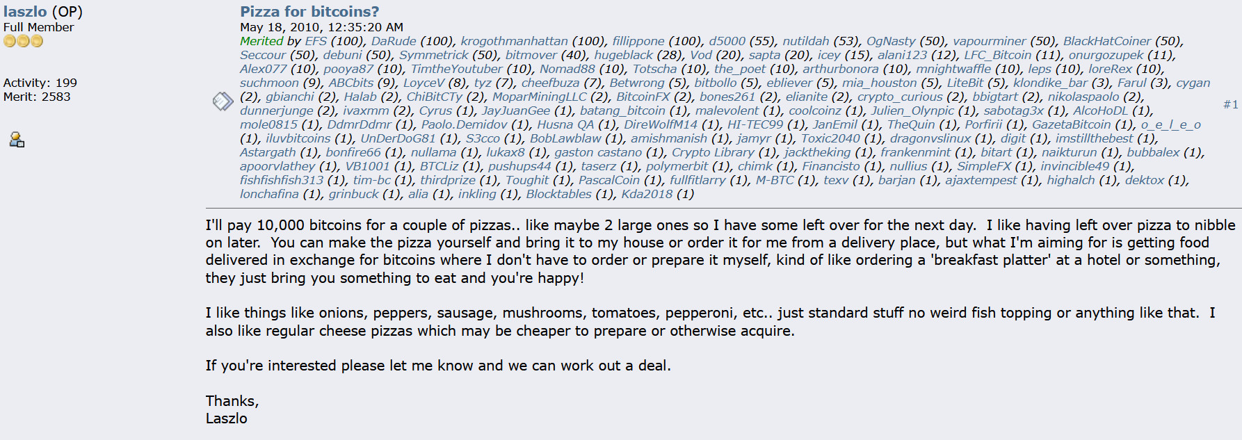 A screenshot of the 2010 Bitcointalk forum post where Laszlo Hanyecz offered 10,000 BTC for two pizzas, a defining moment in bitcoin nostalgia.