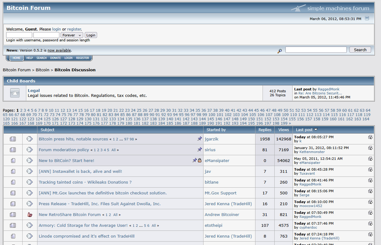 An authentic historical screenshot of the Bitcoin Forum Bitcointalk from March 2012 running on Simple Machines Forum software, featuring early threads on Mt.Gox, Wikileaks donations, and Armory cold storage.