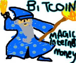 Cartoon Bitcoin wizard meme with a blue wizard holding a staff and the words 'Bitcoin' and 'Magic Internet Money'