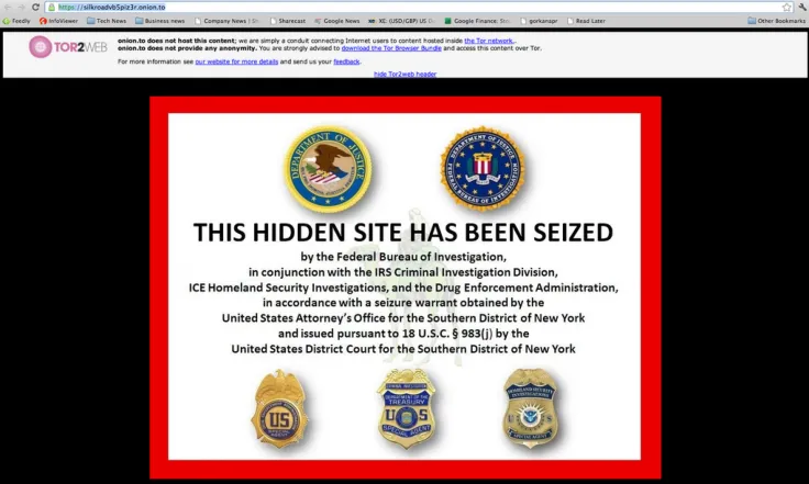 A historical screenshot of the Silk Road marketplace after its shutdown, showing the official FBI seizure notice with federal badges and the message THIS HIDDEN SITE HAS BEEN SEIZED, a major event in bitcoin nostalgia history.
